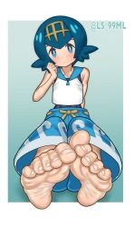 1girl artist_name barefoot blue_eyes blue_hair blue_pants blush closed_mouth collarbone feet female_focus foot_focus foreshortening full_body lana_(pokemon) looking_at_viewer paid_reward_available pants pokemon pokemon_sm short_hair sleeveless soles solo sweatdrop toenails toes tsukimaru_(ls_99ml)