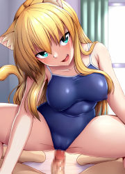 Rule 34 | 1boy, 1girl, :d, animal ears, ass, blonde hair, blue eyes, blue one-piece swimsuit, breasts, cameltoe, cat ears, cat girl, cat tail, censored, commentary request, competition school swimsuit, covered erect nipples, cowgirl position, fang, girl on top, highres, long hair, looking at viewer, lying, mosaic censoring, nokoppa, on back, one-piece swimsuit, open mouth, original, penis, pov, school swimsuit, smile, spread legs, straddling, swimsuit, tail
