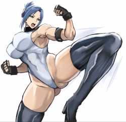 Rule 34 | 1girl, abs, black gloves, black thighhighs, blair dame, blue hair, breasts, fighting stance, gloves, highleg, highleg leotard, leg up, leotard, muscular, muscular female, shibusun, simple background, solo, street fighter, street fighter ex (series), thick thighs, thighhighs, thighs, white background, white leotard