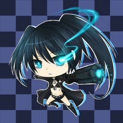 Rule 34 | 10s, 1girl, bikini, bikini top only, black hair, black rock shooter, black rock shooter (character), blue eyes, boots, chibi, choker, flat chest, front-tie top, gloves, glowing, glowing eye, knee boots, ks (xephyrks), long hair, lowres, navel, pale skin, pillow, ringed eyes, scar, solo, swimsuit, thigh strap, twintails, uneven twintails