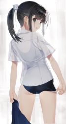 Rule 34 | 1girl, adjusting clothes, ass, black hair, blue skirt, unworn clothes, commentary request, from side, grey eyes, hair ornament, hair scrunchie, highres, holding, indoors, looking at viewer, looking back, nakamura takeshi, one-piece swimsuit, open mouth, original, school swimsuit, scrunchie, see-through, shirt, short sleeves, simple background, skirt, smile, solo, swimsuit, swimsuit under clothes, thighs, white shirt