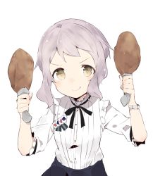 Rule 34 | &gt;:), 1girl, black skirt, chicken (food), chicken leg, closed mouth, club (shape), commentary request, diamond (shape), food, hands up, head tilt, heart, highres, holding, holding food, idolmaster, idolmaster million live!, looking at viewer, makabe mizuki, ooyama imo, shirt, short sleeves, sidelocks, silver hair, simple background, skirt, smile, solo, spade (shape), v-shaped eyebrows, white background, white shirt, yellow eyes