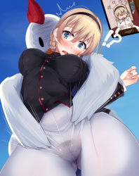 Rule 34 | 1girl, ?, blonde hair, blue eyes, blush, braid, breasts, chicken costume, clothes theft, covered erect nipples, day, female pubic hair, gluteal fold, hair ornament, hairband, highres, large breasts, military, military uniform, multiple views, nksk, no panties, open mouth, pantyhose, pubic hair, pussy, rosalie de hemricourt de grunne, see-through, shiny clothes, shiny skin, sky, strike witches, sweat, theft, underwear, underwear theft, uniform, white pantyhose, world witches series