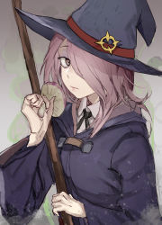 Rule 34 | 1girl, hair over one eye, half-closed eyes, hat, highres, hiranko, holding, holding staff, little witch academia, long hair, mushroom, pink hair, robe, solo, staff, sucy manbavaran, witch hat
