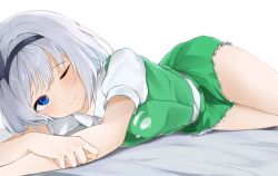 1girl 258n bed black_bow black_bowtie black_hairband black_ribbon blinking blue_eyes bob_cut bow bowtie breasts collared_shirt green_skirt green_vest hair_intakes hair_ribbon hairband highres hitodama_print konpaku_youmu ribbon shirt short_hair short_sleeves silver_hair skirt skirt_set small_breasts solo split_mouth touhou vest white_background white_shirt