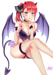 Rule 34 | 1girl, :o, absurdres, bare shoulders, bell, black choker, blue eyes, blue nails, blunt bangs, blush, breasts, butterfly hair ornament, choker, cleavage, collarbone, commentary request, crop top, cross-laced clothes, crossed legs, demon girl, demon horns, demon tail, demon wings, detached sleeves, feet out of frame, fingernails, fishnet sleeves, fishnet thighhighs, fishnets, go-toubun no hanayome, hair ornament, highres, horns, jingle bell, long hair, looking at viewer, nail polish, nakano nino, neck bell, open mouth, panties, purple panties, red hair, showgirl skirt, side ponytail, signature, simple background, sitting, sleeves past wrists, solo, strap lift, tail, thighhighs, thong, underwear, user mnwn3283, white background, wings