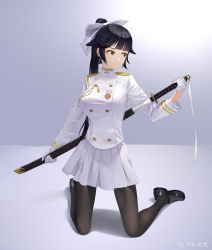 Rule 34 | 1girl, absurdres, azur lane, black footwear, black hair, black pantyhose, bow, buttons, chongtianxianyuu, double-breasted, full body, gloves, half gloves, highres, holding, holding sword, holding weapon, jacket, kneeling, long hair, medal, military, military uniform, miniskirt, naval uniform, pantyhose, pleated skirt, sheath, shoes, skirt, solo, sword, takao (azur lane), uniform, unsheathing, weapon, white bow, white gloves, white jacket, white skirt, yellow eyes