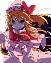 Rule 34 | &gt;:), 1girl, blue eyes, blush, bow, bowtie, capelet, closed mouth, dress, furorina, hair between eyes, hat, hat bow, lily white, long hair, looking at viewer, orange hair, red bow, red bowtie, smile, solo, touhou, upper body, v-shaped eyebrows, white dress