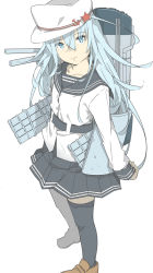 Rule 34 | 1girl, bad id, bad tumblr id, black sailor collar, black skirt, black thighhighs, blue eyes, brown footwear, hair between eyes, hammer and sickle, hat, hibiki (kancolle), kantai collection, long hair, long sleeves, machinery, ninimo nimo, pleated skirt, sailor collar, sailor shirt, school uniform, serafuku, shirt, shoes, silver hair, simple background, skirt, solo, thighhighs, verniy (kancolle), white background, white hat, white shirt