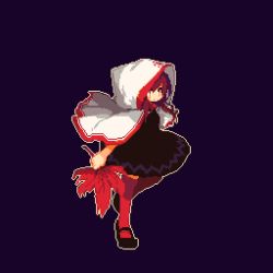 Rule 34 | 1girl, black dress, brown hair, cape, dress, hood, kaho (momodora), leaf, lowres, mary janes, momodora: reverie under the moonlight, pixel art, red eyes, red thighhighs, shoes, solo, standing, tea basira, thighhighs