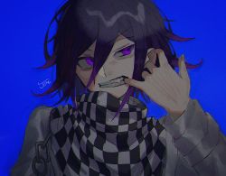 Rule 34 | 1boy, blue background, checkered clothes, checkered neckwear, checkered scarf, danganronpa (series), danganronpa v3: killing harmony, fang, hair between eyes, highres, joh pierrot, long sleeves, male focus, mouth pull, oma kokichi, purple eyes, purple hair, scarf, signature, simple background, solo, straitjacket, upper body