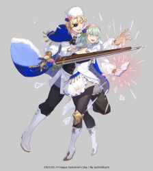 Rule 34 | 1boy, 1girl, alternate costume, blonde hair, blue eyes, book, breasts, byleth (female) (fire emblem), byleth (fire emblem), cleavage, dimitri alexandre blaiddyd, eyepatch, fire emblem, fire emblem: three houses, green eyes, high heels, highres, holding, holding weapon, large breasts, long sleeves, magic, medium hair, nintendo, official style, pantyhose, puffy sleeves, sword, tachi (tachibana), weapon