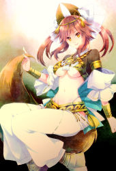 Rule 34 | 10s, 1girl, amaterasu (fate), animal ears, bad id, bad pixiv id, belly dancer, bow, breasts, dancer, detached sleeves, fate/extra, fate/extra ccc, fate (series), fox ears, fox tail, hair bow, hair ribbon, highres, jewelry, midriff, necklace, nomoc, official alternate costume, pink hair, ribbon, solo, tail, tamamo (fate), tamamo no mae (fate/extra), tiara, twintails, underboob, yellow eyes