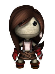Rule 34 | 1990s (style), 1girl, brown hair, cosplay, earrings, expressionless, final fantasy, final fantasy vii, fingerless gloves, gloves, highres, jewelry, littlebigplanet, long hair, looking at viewer, official art, retro artstyle, sackboy, simple background, skirt, solo, standing, suspender skirt, suspenders, tifa lockhart, tifa lockhart (cosplay), white background