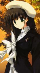 Rule 34 | 00s, 1girl, ascot, autumn leaves, beret, brown hair, comic party, cropped, green eyes, hasebe aya, hat, long hair, mitsumi misato, non-web source, parted lips, solo, uniform
