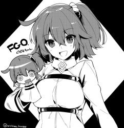 Rule 34 | 1girl, blush, breasts, character name, copyright name, fate/grand order, fate (series), fujimaru ritsuka (female), greyscale, hair ornament, hair scrunchie, large breasts, long sleeves, mishima kurone, monochrome, one side up, open mouth, puppet, riyo (lyomsnpmp) (style), scrunchie, smile, solo, twitter username, uniform, upper body