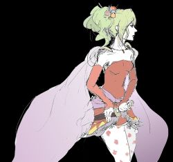 Rule 34 | 1990s (style), 1girl, bad id, bad pixiv id, bow, cape, detached sleeves, earrings, elbow gloves, final fantasy, final fantasy vi, gloves, green hair, hair ribbon, hanahanai, jewelry, knife, long hair, pantyhose, ponytail, ribbon, solo, tina branford