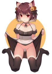 Rule 34 | 1girl, animal ears, apron, bare shoulders, bell, black choker, black dress, black ribbon, black thighhighs, breasts, brown hair, cat ears, censored, choker, closed mouth, clothes lift, collarbone, commentary request, copyright request, detached sleeves, dress, frilled choker, frills, gin00, gluteal fold, groin, hair ribbon, halter dress, halterneck, highres, ichihime (mahjong soul), jingle bell, lifting own clothes, looking at viewer, mahjong, mahjong soul, mahjong tile, maid apron, nail polish, no panties, no shoes, puffy short sleeves, puffy sleeves, red eyes, red nails, ribbon, short hair, short sleeves, sitting, skirt, skirt lift, small breasts, solo, thighhighs, v-shaped eyebrows, wariza, white apron