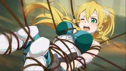 Rule 34 | 1girl, armor, armored boots, arms behind back, bdsm, blonde hair, blue pants, blurry, blurry background, blush, bondage, boots, bound, braid, breasts, cleavage, floating hair, forest, game cg, green eyes, hair between eyes, hair ornament, highres, large breasts, leafa, long hair, nature, official art, official wallpaper, one eye closed, open mouth, outdoors, pants, ponytail, side braid, sidelocks, solo, sword art online, sword art online: fatal bullet, twin braids, very long hair, wallpaper