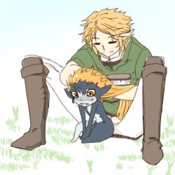 Rule 34 | 1boy, 1girl, 370ml, belt, between legs, blush, colored sclera, colored skin, closed eyes, fang, grass, green tunic, hand between legs, link, long hair, midna, multicolored skin, nintendo, nose blush, open mouth, outdoors, playing with another&#039;s hair, red eyes, short sleeves, sitting, sweatdrop, the legend of zelda, the legend of zelda: twilight princess, two-tone skin