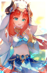 1girl aqua_eyes bare_shoulders blue_brooch blue_gemstone blue_skirt blue_sleeves border breasts brooch brown_horns commentary cowboy_shot crop_top detached_sleeves fake_horns gem genshin_impact gold_trim harem_outfit horns jewelry long_hair looking_at_viewer low_twintails multiple_girls navel neck_ring nilou_(genshin_impact) open_mouth outside_border playing_with_own_hair puffy_detached_sleeves puffy_sleeves red_hair shanshanziyu signature skirt small_breasts smile solo twintails veil white_border white_veil