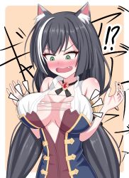 Rule 34 | alternate breast size, animal ear fluff, animal ears, black hair, breasts, cat ears, cat girl, frilled sleeves, frills, highres, karyl (princess connect!), large breasts, long hair, low twintails, multicolored hair, princess connect!, solo, streaked hair, torn clothes, traumereisa900, twintails, very long hair, white hair