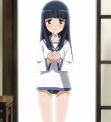 Rule 34 | 00s, 1girl, no pants, one-piece swimsuit, school swimsuit, screencap, solo, stitched, strike witches, swimsuit, swimsuit under clothes, third-party edit, world witches series, yamakawa michiko
