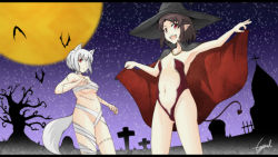Rule 34 | 2girls, animal ears, bad id, bad pixiv id, bandages, bandages, bat (animal), black hair, breasts, collarbone, convenient censoring, covered erect nipples, fang, full moon, graveyard, groin, halloween, halloween costume, hat, inubashiri momiji, kuroto yamaneko, looking at viewer, lynx444, midriff, moon, multiple girls, naked bandage, navel, night, no headwear, no headwear, nude, one eye covered, open mouth, pointy ears, red eyes, scar, shameimaru aya, short hair, signature, silver hair, sky, small breasts, star (sky), starry sky, tail, touhou, underboob, witch hat, wolf ears, wolf tail