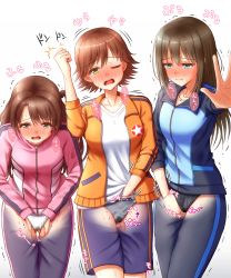 Rule 34 | 3girls, apotea, arm up, between legs, black panties, black pants, blue eyes, blue jacket, blue shorts, blush, breasts, brown eyes, brown hair, collarbone, embarrassed, female focus, gluteal fold, grey panties, half-closed eye, half-closed eyes, hand beneath clothes, hand between legs, hand in pocket, hands together, have to pee, heavy breathing, highres, honda mio, idolmaster, idolmaster cinderella girls, jacket, japanese text, jewelry, lace, lace-trimmed panties, lace trim, legs together, long hair, long sleeves, looking at viewer, matching hair/eyes, medium breasts, multiple girls, necklace, nose blush, one eye closed, open mouth, orange jacket, outstretched arm, panties, pants, pink jacket, shibuya rin, shimamura uzuki, shirt, short hair, shorts, simple background, speech bubble, standing, star (symbol), sweat, tears, teeth, text focus, translation request, trembling, underwear, wet, wet clothes, wet panties, white background, white panties, white shirt, x-ray, yellow eyes, zipper, zipper pull tab