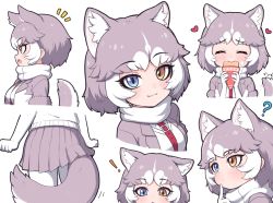 Rule 34 | !, 1girl, ?, animal ear fluff, animal ears, blue eyes, blush, crepe, dog (mixed breed) (kemono friends), dog ears, dog tail, eating, elbow gloves, fang, fang out, food, gloves, grey hair, grey skirt, heart, heterochromia, kemono friends, looking at viewer, multicolored hair, multiple views, open mouth, pantyhose, pleated skirt, ransusan, short hair, short sleeves, simple background, skirt, smile, tail, white background, white gloves, white hair, white pantyhose, yellow eyes