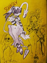Rule 34 | 1girl, character name, detached collar, detached sleeves, dress, ekubo (ciaobero), full body, hair over one eye, leviathan (skullgirls), multiple views, side ponytail, sketch, skullgirls, solo, squigly (skullgirls), striped sleeves, traditional media, zombie