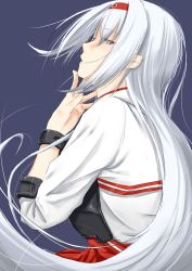 Rule 34 | 1girl, commentary request, from behind, grey eyes, hair between eyes, hairband, hand on own chin, highres, japanese clothes, kantai collection, long hair, long sleeves, looking back, muneate, niwatazumi, open mouth, purple background, shoukaku (kancolle), sidelocks, solo, upper body, white hair