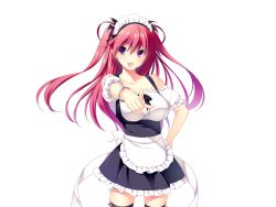 Rule 34 | 1girl, ayase hazuki, breasts, firika mia shatana, game cg, grand cru bourgeois, hand on own hip, happy, head wings, large breasts, legs, long hair, looking at viewer, maid, maid headdress, nukidoki!, open mouth, pink hair, pointing, purple eyes, simple background, smile, solo, standing, thighs, wings