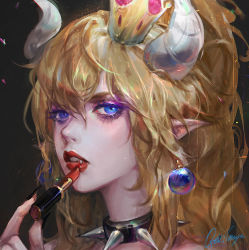 Rule 34 | 1girl, applying makeup, artist name, bare shoulders, black background, black nails, blonde hair, blue eyes, bowsette, breasts, close-up, collar, colored eyelashes, cosmetics, crown, earrings, expressionless, eyeliner, eyeshadow, fangs, fingernails, hair between eyes, horns, jewelry, large breasts, light, light particles, lips, lipstick, lipstick tube, long fingernails, long hair, looking at viewer, makeup, mario (series), mascara, messy hair, nail polish, new super mario bros. u deluxe, nintendo, nose, oreki genya, petals, pointy ears, ponytail, red lips, lipstick tube, sharp fingernails, shiny skin, sidelocks, simple background, solo, spiked collar, spikes, super crown, teeth, upper body