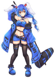 Rule 34 | 1girl, absurdres, akiteru (akiteru98), alternate costume, alternate hairstyle, animal ears, arm up, bandeau, bare shoulders, belt, black belt, black collar, black thighhighs, blue coat, blue footwear, blue hair, blue shorts, boots, breasts, cleavage, coat, collar, commentary request, crescent print, criss-cross halter, facial mark, full body, hair between eyes, halterneck, highres, holding, holding mallet, kine, long hair, long sleeves, low-tied long hair, mallet, medium breasts, midriff, multi-tied hair, navel, off shoulder, open clothes, open coat, parted lips, rabbit ears, red eyes, seiran (touhou), short shorts, shorts, sidelocks, simple background, skindentation, solo, standing, star (symbol), star print, stomach, thigh strap, thighhighs, thighs, touhou, white background, wide sleeves