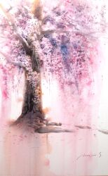 Rule 34 | autumn leaves, branch, cherry blossoms, highres, no humans, original, painting (medium), pink background, pink theme, plant, plant focus, scenery, shimizu megumi (m acquerello), traditional media, tree, watercolor (medium)
