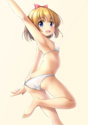 Rule 34 | 1girl, :d, arm up, armpits, ass, bare arms, bare legs, bare shoulders, barefoot, beige background, bikini, blonde hair, blue eyes, blush, bow, breasts, butt crack, commentary request, covered erect nipples, hair between eyes, hair bow, highres, looking at viewer, looking to the side, open mouth, original, red bow, shibacha, simple background, small breasts, smile, soles, solo, standing, standing on one leg, swimsuit, white bikini