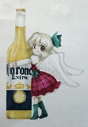 Rule 34 | 1girl, :q, alcohol, alternate hair color, back cutout, bad id, bad pixiv id, beer, beerko, blush, bottle, bow, brown eyes, clothing cutout, corona (brand), dress, feathered wings, frills, from side, full body, hair bow, hug, hugging object, long sleeves, looking at viewer, mini person, minigirl, original, outstretched arm, oversized object, parody, photo (medium), product placement, puffy long sleeves, puffy sleeves, ribbon, short hair, shu (loveeater), silver hair, simple background, smile, solo, standing, style parody, tongue, tongue out, traditional media, white wings, wings, zun (style)
