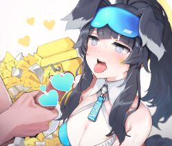 Rule 34 | animal ears, black hair, blue archive, blue eyes, blush, breasts, censored, character name, cleavage, clothes writing, collarbone, commentary request, dog ears, eyewear on head, heart, heart censor, hetero, hibiki (blue archive), hibiki (cheer squad) (blue archive), kafuu kaya, long hair, medium breasts, official alternate costume, open mouth, penis, solo focus, star sticker, sticker on face, sunglasses, teeth, tongue, tongue out, upper teeth only