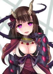 Rule 34 | 1girl, black bra, black gloves, bra, breasts, brown hair, capelet, cleavage, clip studio paint (medium), collar, commentary request, demon girl, demon horns, dress, eriko (princess connect!), flower, fur-trimmed capelet, fur trim, gauntlets, gloves, glowing, glowing eyes, hair flower, hair ornament, hair ribbon, head tilt, highres, horns, large breasts, leaning forward, looking at viewer, metal collar, princess connect!, princess connect!, purple capelet, purple dress, purple eyes, purple ribbon, red flower, red rose, ribbon, rose, short hair, solo, spiked tail, tail, underwear, zakuro0508