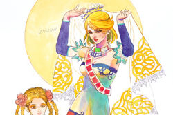 Rule 34 | 2girls, bare shoulders, blonde hair, bow, braid, character request, collar, detached sleeves, diana (romancing saga), dress, hair bow, jewelry, lowres, multiple girls, necklace, romancing saga, romancing saga minstrel song, saga, simple background, strapless, strapless dress, tagme, white background