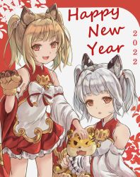 Rule 34 | 2022, 2girls, :d, animal, animal ear fluff, animal ears, animal hands, bare shoulders, bell, blonde hair, brown eyes, brown gloves, chinese zodiac, cindala (granblue fantasy), commentary, detached sleeves, dress, english commentary, fang, frilled dress, frills, fur-trimmed gloves, fur-trimmed sleeves, fur trim, gloves, granblue fantasy, grey background, happy new year, highres, hikari niji, huang (granblue fantasy), jingle bell, laolao (granblue fantasy), long sleeves, multiple girls, new year, open mouth, pai (granblue fantasy), paw gloves, pleated dress, red background, red dress, silver hair, single glove, sleeveless, sleeveless dress, smile, standing, tiger, tiger ears, twintails, two-tone background, white gloves, white sleeves, wide sleeves, year of the tiger