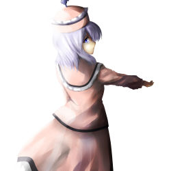 Rule 34 | 1girl, ao-shiba, from behind, hat, light purple hair, looking back, merlin prismriver, purple eyes, solo, touhou, white background