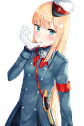 Rule 34 | 1girl, bad id, bad pixiv id, blonde hair, blue coat, blush, closed mouth, coat, commentary request, fate (series), flower, glove in mouth, gloves, green eyes, hair between eyes, hat, kubong, long hair, long sleeves, looking at viewer, lord el-melloi ii case files, mouth hold, peaked cap, reines el-melloi archisorte, rose, saber (weapon), sheath, sheathed, simple background, solo, sword, tilted headwear, v-shaped eyebrows, very long hair, weapon, white background, white flower, white gloves, white hat, white rose