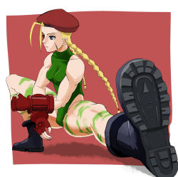 Rule 34 | 1girl, antenna hair, beret, blonde hair, blue eyes, bodypaint, boots, braid, breasts, cammy white, camouflage, capcom, combat boots, fingerless gloves, gloves, hat, highleg, highleg leotard, leotard, long hair, muscular, outside border, scar, skin tight, small breasts, solo, squatting, street fighter, stretching, tataizou, thick thighs, thighs, thong leotard, twin braids