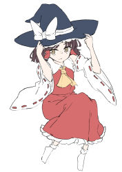 1girl ascot bow brown_hair closed_mouth commentary deetamu detached_sleeves frilled_hair_tubes frills hair_tubes hakurei_reimu hat highres long_hair looking_at_viewer red_skirt ribbon-trimmed_sleeves ribbon_trim skirt skirt_set socks solo touhou white_socks witch_hat yellow_ascot