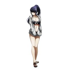 Rule 34 | 1girl, black hair, black one-piece swimsuit, blush, breasts, cleavage, coat, doppelganger, flip-flops, full body, large breasts, long hair, monster girl, narberal gamma, navel, official art, one-piece swimsuit, overlord (maruyama), ponytail, sandals, swimsuit, transparent background