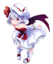 Rule 34 | 1girl, alternate costume, bad id, bad pixiv id, bare shoulders, bat wings, blue hair, bowing, bracelet, detached sleeves, hat, jewelry, kedama milk, leaning forward, looking at viewer, outstretched arms, pigeon-toed, pointy ears, red eyes, remilia scarlet, short hair, simple background, smile, solo, spread arms, touhou, white background, wings