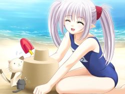 Rule 34 | 00s, 1girl, ^ ^, beach, blue one-piece swimsuit, cat, closed eyes, elf, game cg, long hair, name tag, nishimata aoi, official art, one-piece swimsuit, pointy ears, primula, school swimsuit, shuffle!, silver hair, smile, solo, stuffed animal, stuffed cat, stuffed toy, swimsuit, twintails