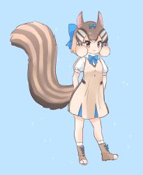 Rule 34 | 1girl, adapted costume, blue bow, blue bowtie, blue dress, blush, boots, bow, bowtie, brown dress, brown eyes, brown footwear, brown hair, chipmunk ears, chipmunk girl, chipmunk tail, commentary request, dress, full body, fur collar, hair bow, highres, kemono friends, kemono friends 3, kuromitsu (9633 kmfr), light brown hair, looking at viewer, multicolored clothes, multicolored dress, multicolored hair, puffy short sleeves, puffy sleeves, short sleeves, siberian chipmunk (kemono friends), sidelocks, smile, socks, solo, white dress, white fur, white hair, white socks